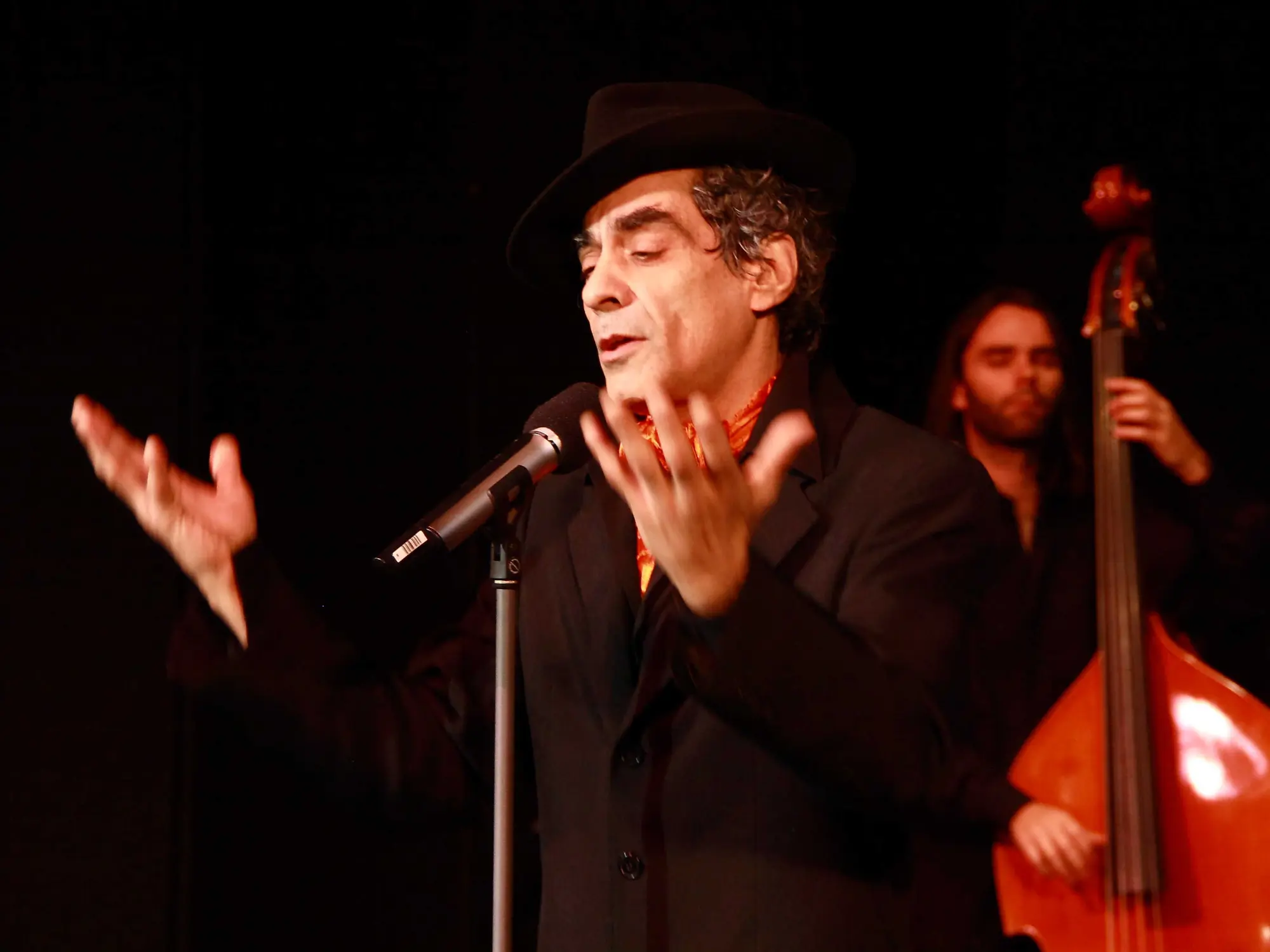 Daniel Melingo canta en un escenario, con las manos abiertas y un contrabajo al fondo.